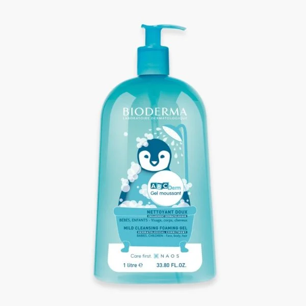Flacon pompe turquoise Bioderma ABCDerm gel moussant pingouin 1 litre