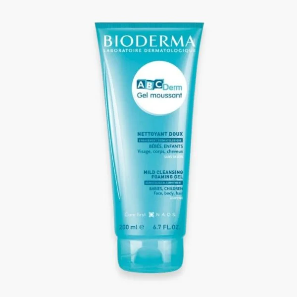 Tube turquoise Bioderma ABCDerm gel moussant nettoyant doux 200 ml