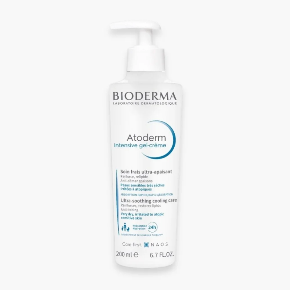 bioderma-atoderm-intensive-gel-creme-frais-ultra-apaisant-200ml.jpg Flacon pompe blanc Bioderma Atoderm Intensive Gel-Crème ultra-apaisant 200 ml