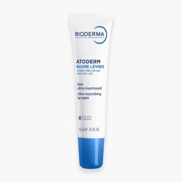 Tube blanc et bleu Bioderma Atoderm baume lèvres 15 ml