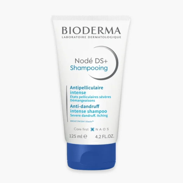 Tube blanc à capuchon bleu Bioderma Nodé DS+ shampooing antipelliculaire 125 ml