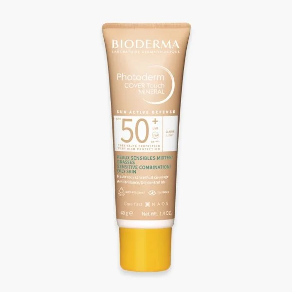 Tube beige Bioderma Photoderm Cover Touch Mineral SPF50+ teinte claire 40 g
