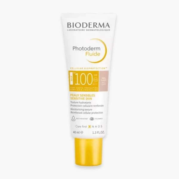 Tube blanc Bioderma Photoderm Fluide SPF100 teinte très claire, 40 ml