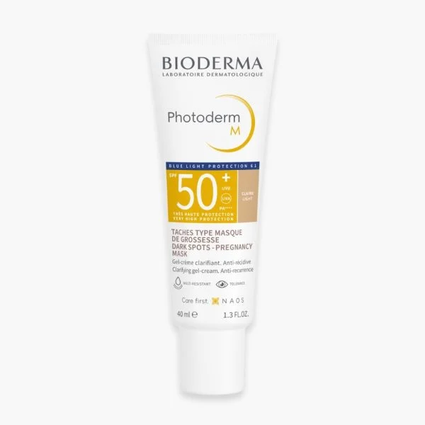 Tube blanc Bioderma Photoderm M SPF50+ gel-crème teinte claire, 40 ml