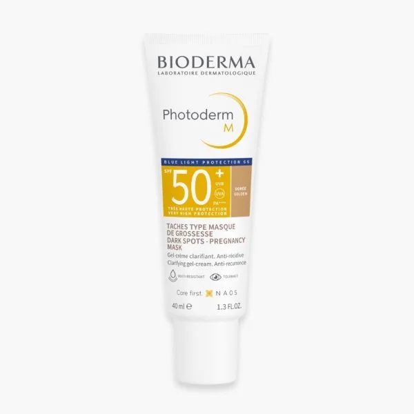 Tube blanc Bioderma Photoderm M SPF50+ gel-crème teinte dorée, 40 ml