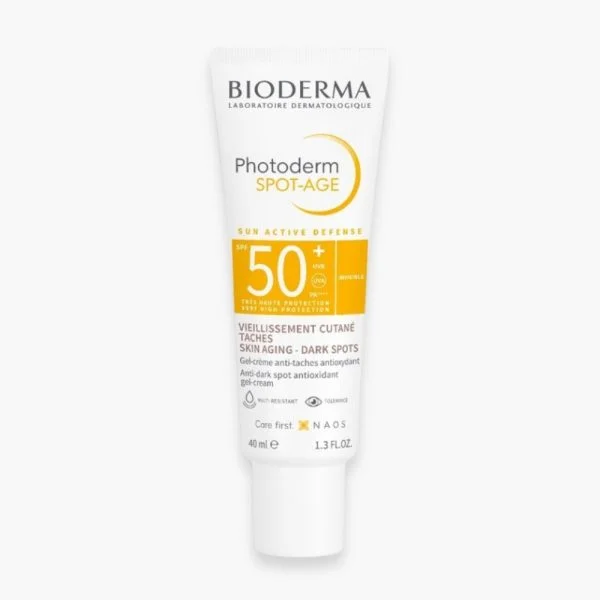 Tube blanc Bioderma Photoderm Spot-Age SPF50+ gel-crème invisible, 40 ml