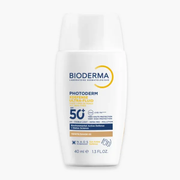 Flacon blanc Bioderma Photoderm XDefense Ultra-Fluide SPF50+ teinte 03, 40 ml