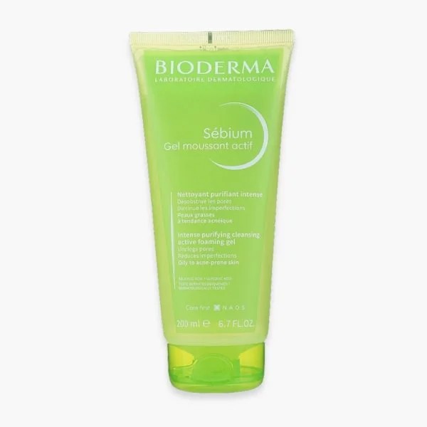 Tube vert Bioderma Sébium Gel moussant actif nettoyant purifiant 200 ml