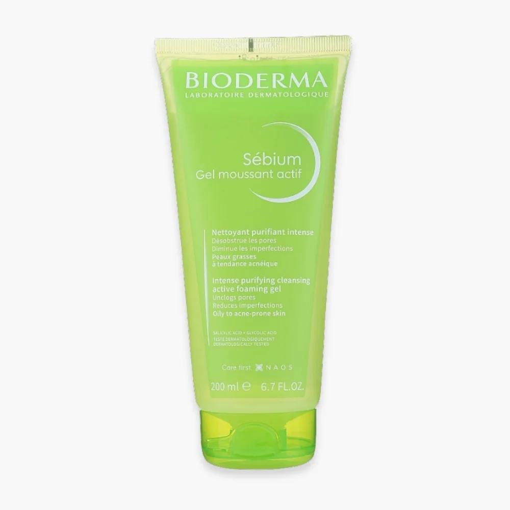 bioderma-sebium-gel-moussant-actif-nettoyant-purifiant-intense-200ml.jpg Tube vert Bioderma Sébium Gel moussant actif nettoyant purifiant 200 ml