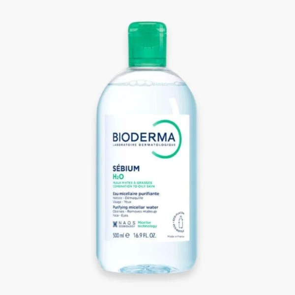 Flacon transparent Bioderma Sébium H2O eau micellaire 500 ml bouchon vert