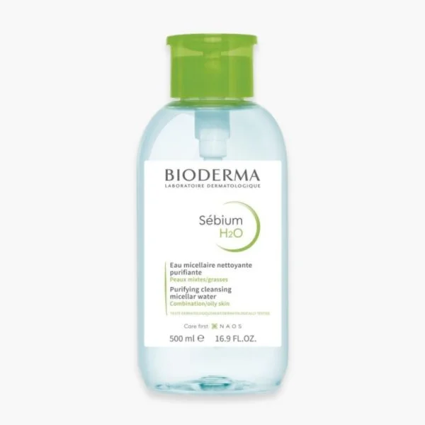 Flacon bleu Bioderma Sébium H2O eau micellaire pompe verte 500 ml