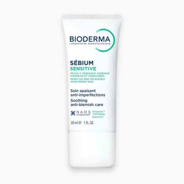 Tube blanc et vert Bioderma Sébium Sensitive soin apaisant anti-imperfections 30 ml