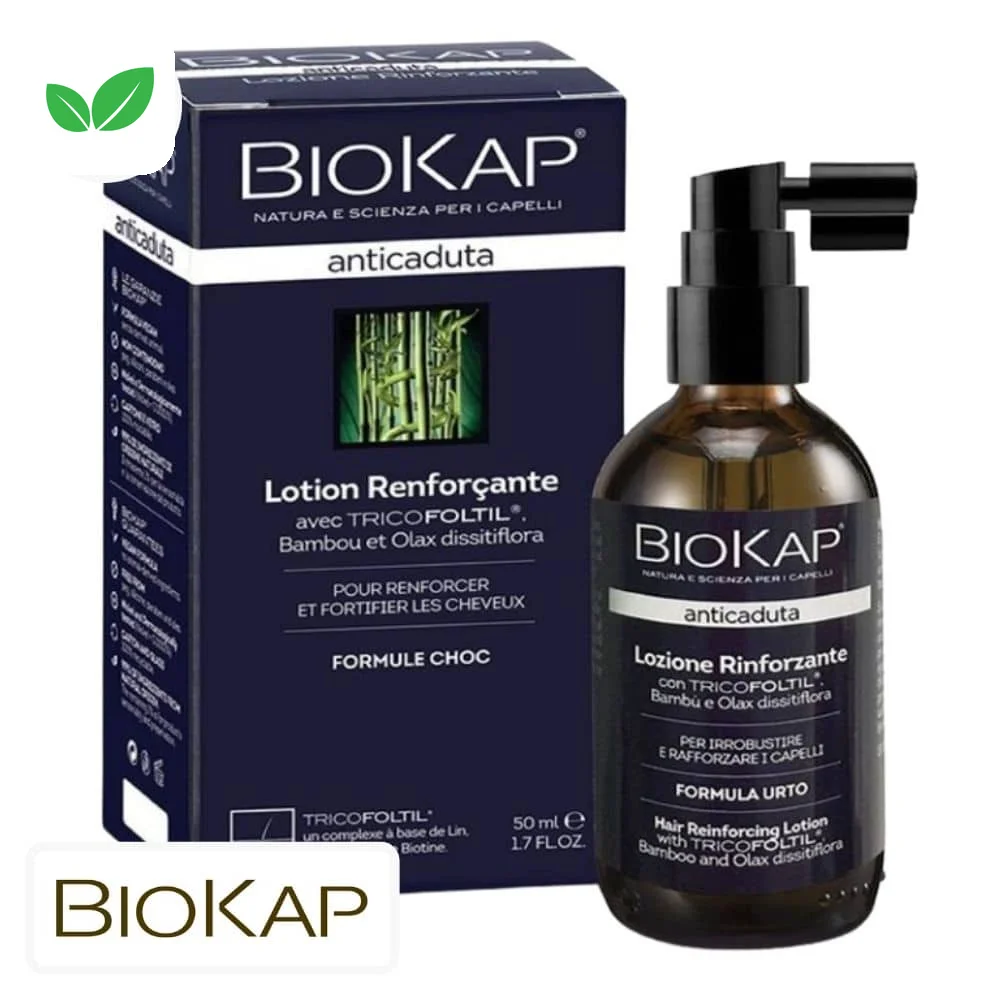 biokap-anticaduta-lotion-renforcante-anti-chute-50ml.jpg Flacon spray ambré Biokap Anticaduta lotion renforçante et étui bleu foncé