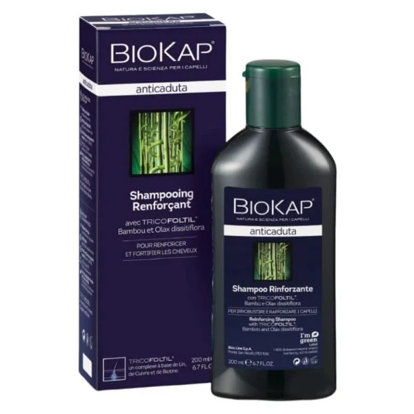 Flacon noir et étui violet Biokap Anticaduta shampooing renforçant 200 ml