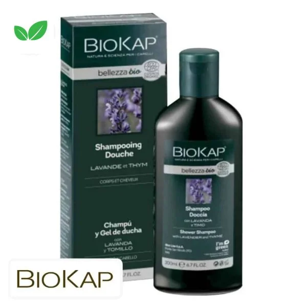 Flacon et étui verts Biokap bellezza bio shampooing douche lavande thym