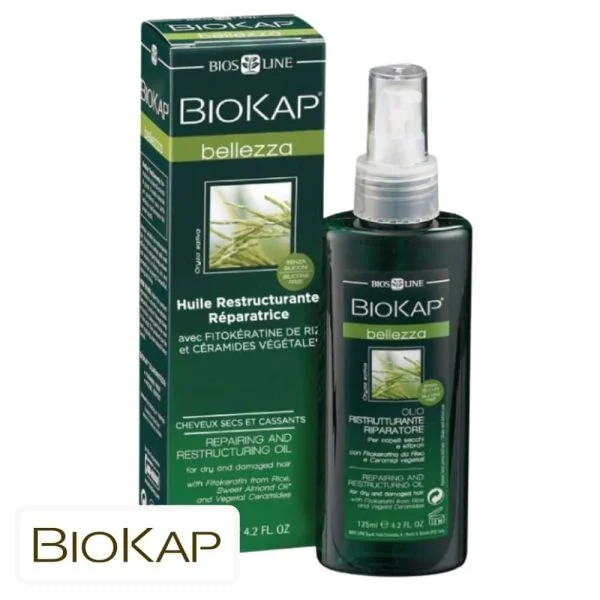 Flacon spray vert Biokap Bellezza huile restructurante réparatrice et étui assorti