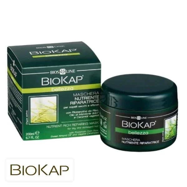 Pot et étui verts Biokap Bellezza masque nourrissant réparateur 200 ml