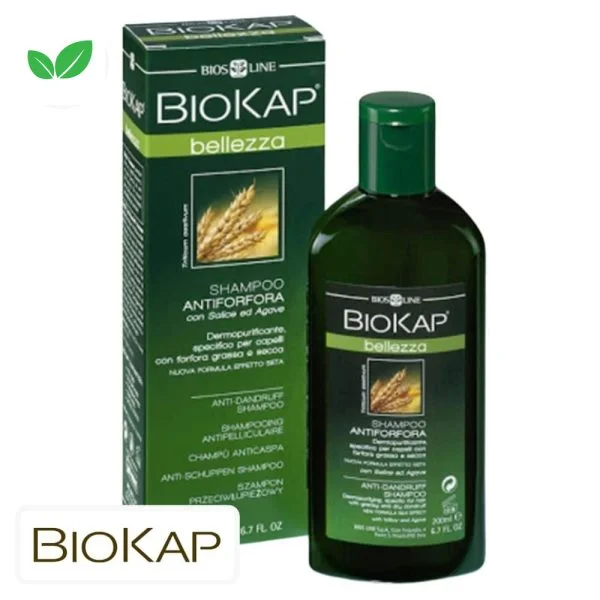 Flacon et étui verts Biokap Bellezza shampooing antipelliculaire avec épis illustrés