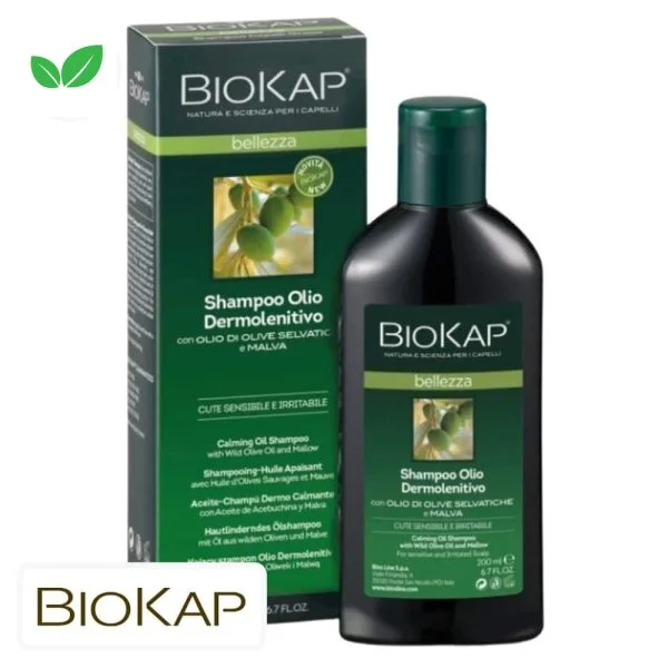 Flacon et étui verts Biokap Bellezza shampooing-huile apaisant, olives illustrées