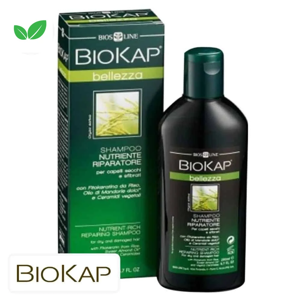 biokap-bellezza-shampoing-nourrissant-reparateur-200ml.jpg Flacon et étui verts Biokap Bellezza shampooing nourrissant réparateur 200 ml