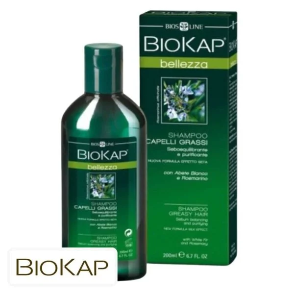 Flacon et étui verts Biokap Bellezza shampooing cheveux gras, romarin illustré
