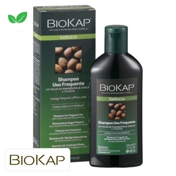 Flacon et étui Biokap Bellezza shampooing usage fréquent, amandes illustrées sur l'étui
