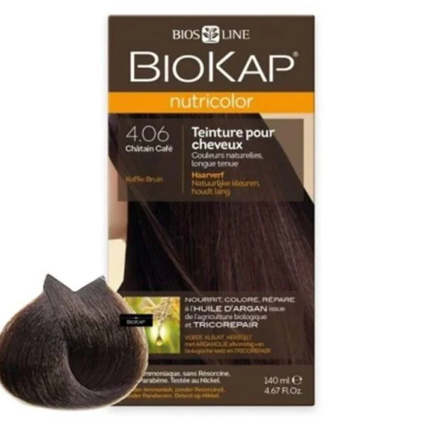 Étui Biokap Nutricolor 4.06 Châtain Café 140 ml avec mèche de cheveux colorée