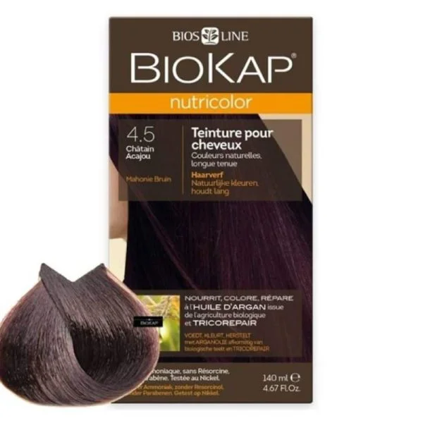Étui Biokap Nutricolor 4.5 Châtain Acajou 140 ml avec mèche de cheveux colorée