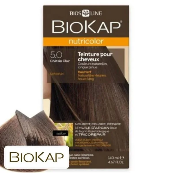 Boîte marron Biokap Nutricolor 5.0 Châtain Clair avec photo de cheveux