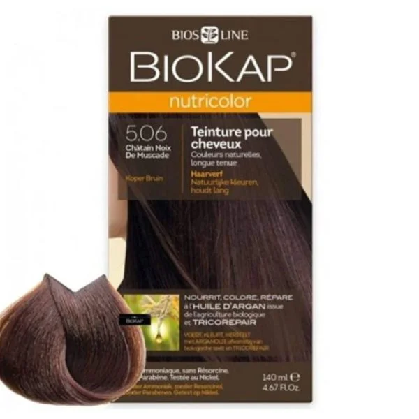 Étui Biokap Nutricolor 5.06 Châtain Noix de Muscade 140 ml et mèche colorée