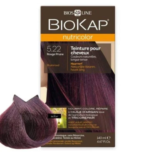 Étui Biokap Nutricolor 5.22 Rouge Prune 140 ml avec mèche de cheveux colorée