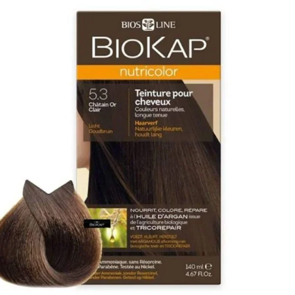 Étui Biokap Nutricolor 5.3 Châtain Or Clair 140 ml avec mèche de cheveux colorée