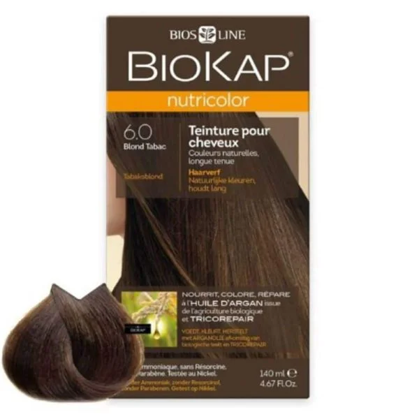 Étui Biokap Nutricolor 6.0 Blond Tabac 140 ml avec mèche de cheveux colorée