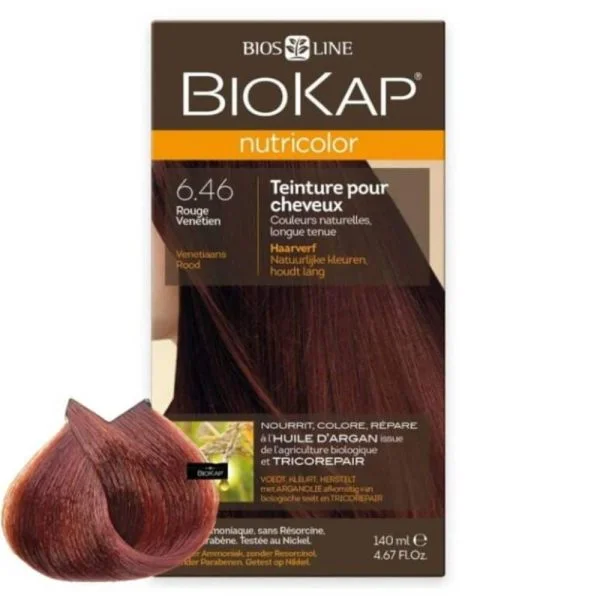 Étui Biokap Nutricolor 6.46 Rouge Vénitien 140 ml avec mèche de cheveux colorée