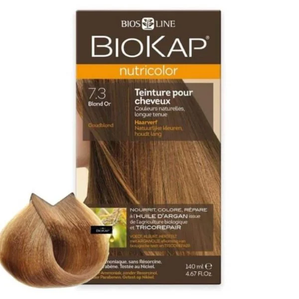 Étui Biokap Nutricolor 7.3 Blond Or 140 ml avec mèche de cheveux colorée