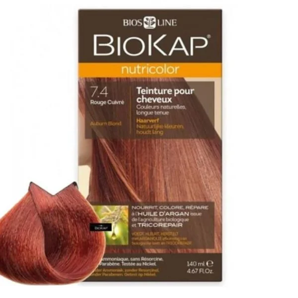Étui Biokap Nutricolor 7.4 Rouge Cuivré 140 ml avec mèche de cheveux colorée