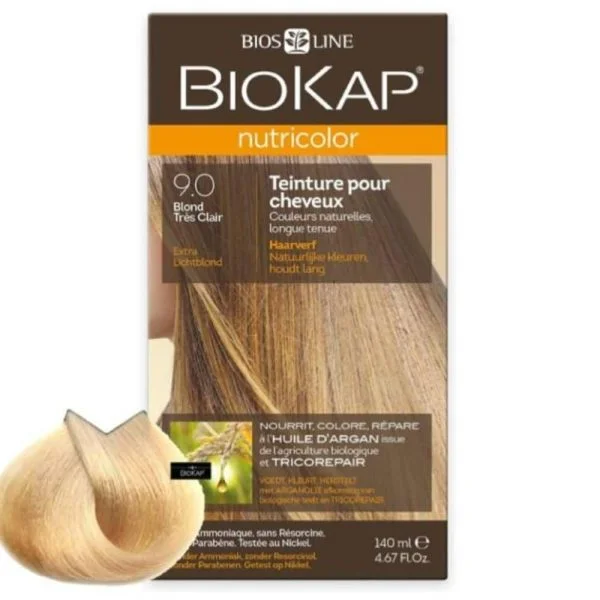 Étui Biokap Nutricolor 9.0 Blond Très Clair 140 ml avec mèche de cheveux colorée