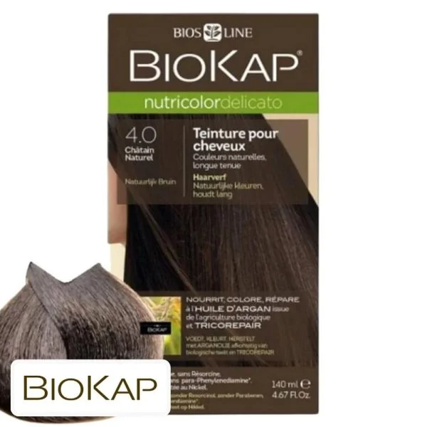 Étui Biokap Nutricolor Delicato 4.0 Châtain Naturel 140 ml avec mèche de cheveux colorée