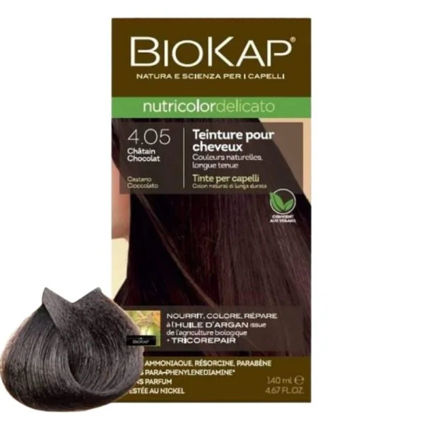 Étui Biokap Nutricolor Delicato 4.05 Châtain Chocolat 140 ml avec mèche de cheveux colorée