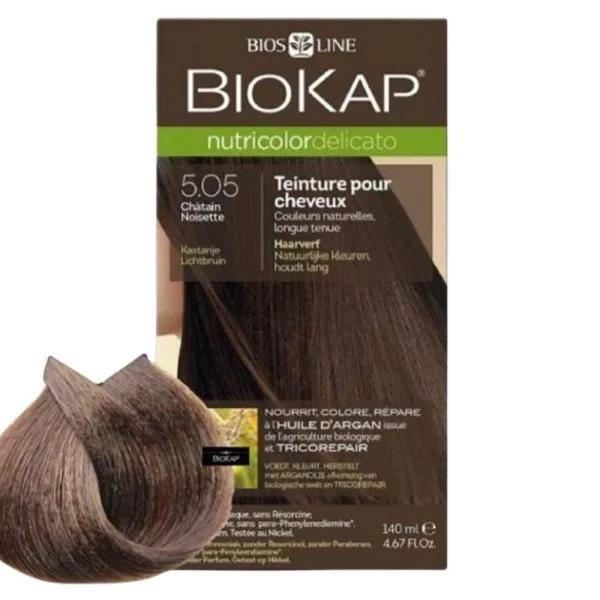 Étui Biokap Nutricolor Delicato 5.05 Châtain Noisette 140 ml avec mèche de cheveux colorée