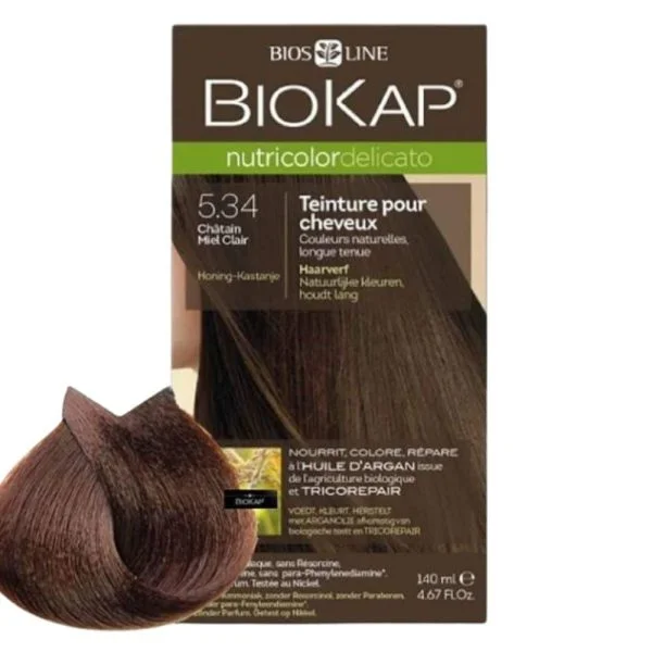 Étui Biokap Nutricolor Delicato 5.34 Châtain Miel Clair 140 ml et mèche colorée