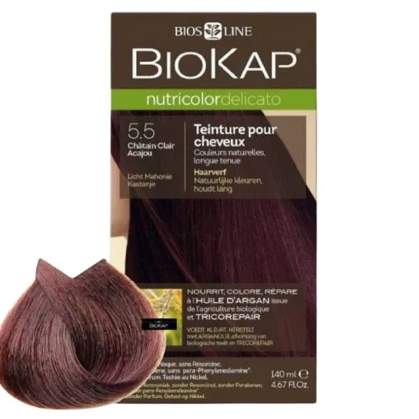 Étui Biokap Nutricolor Delicato 5.5 Châtain Clair Acajou 140 ml et mèche colorée