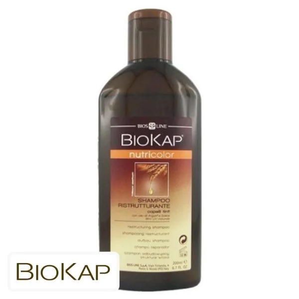 Flacon brun Biokap Nutricolor shampooing restructurant cheveux colorés 200 ml