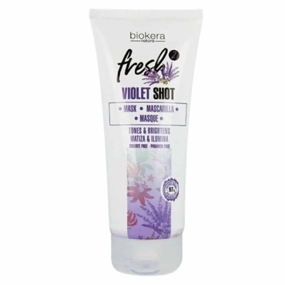 biokera-fresh-violet-shot-masque-tons-et-brillance-200ml.jpg Tube blanc et violet Biokera Natura Fresh Violet Shot masque 200 ml