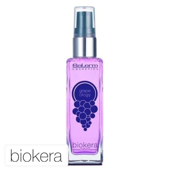 Flacon verre violet pompe Biokera Grapeology sérum, grappe de raisin imprimée