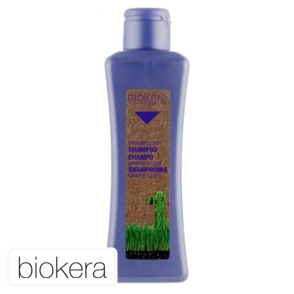 Flacon violet Biokera Natura shampooing Grapeology 300 ml, étiquette kraft