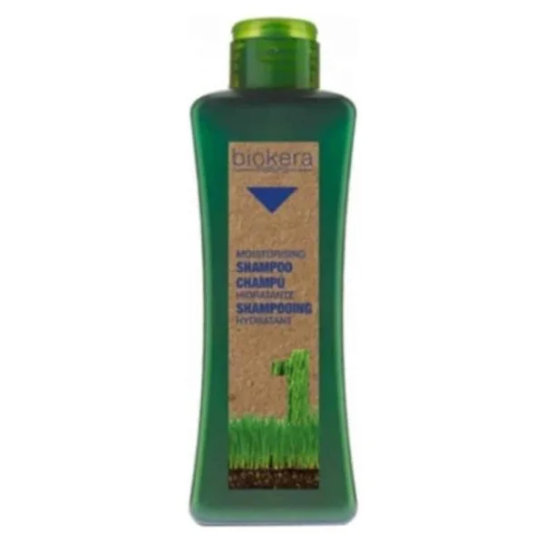 Flacon vert Biokera Natura shampooing hydratant, étiquette kraft et triangle bleu