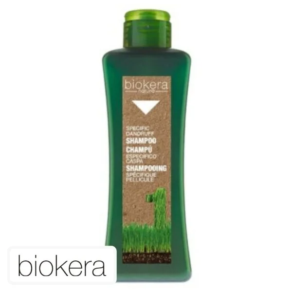 Flacon vert Biokera Natura shampooing spécifique pellicule, étiquette kraft blanche