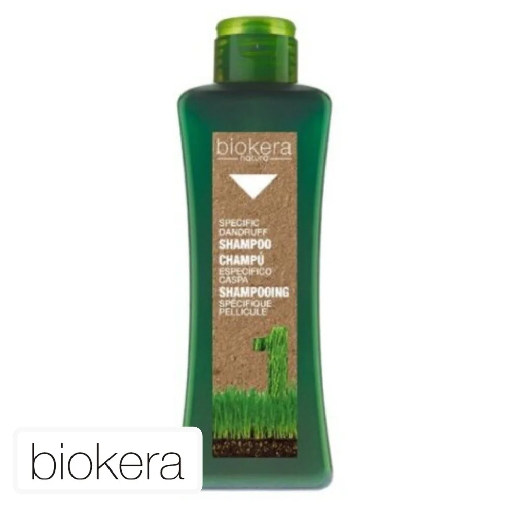 biokera-shampoing-specifique-anti-pelliculaire-1l.jpg Flacon vert Biokera Natura shampooing spécifique pellicule, étiquette kraft blanche
