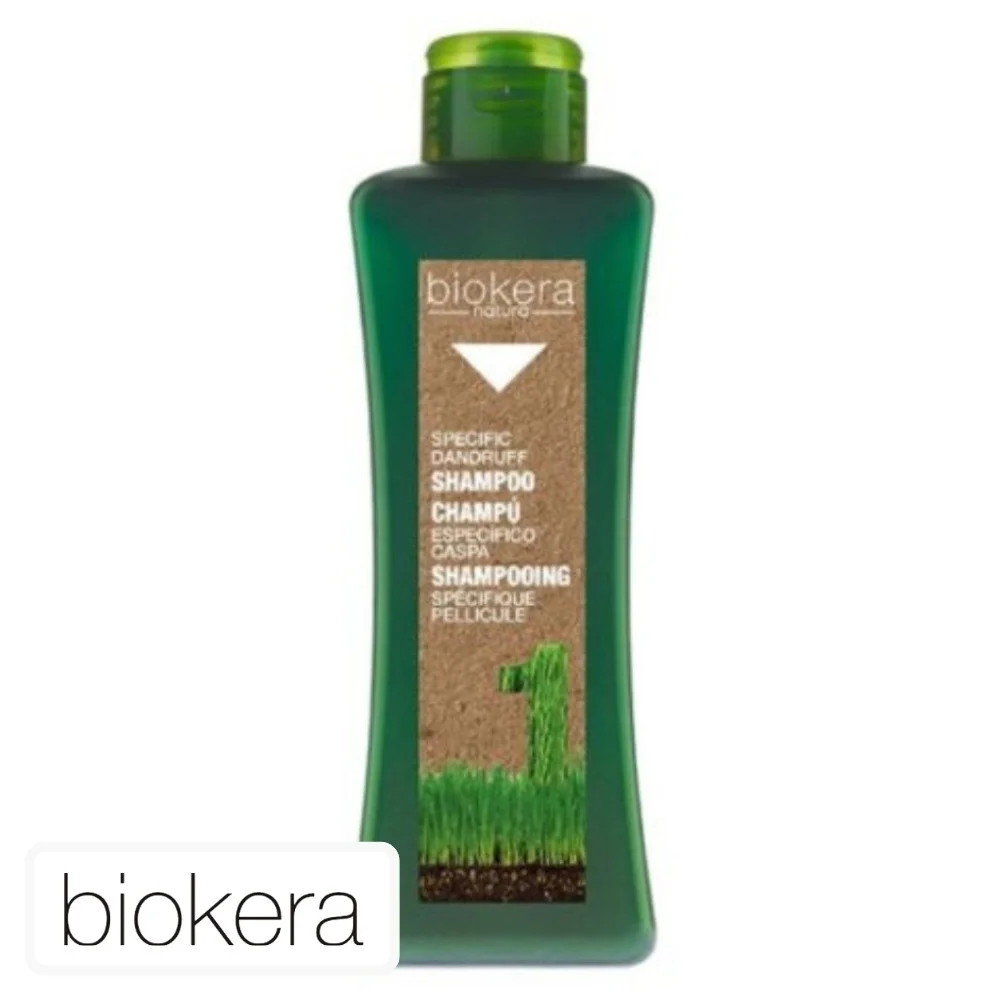 biokera-shampoing-specifique-anti-pelliculaire-300ml.jpg Flacon vert Biokera Natura shampooing spécifique pellicule 300 ml étiquette kraft